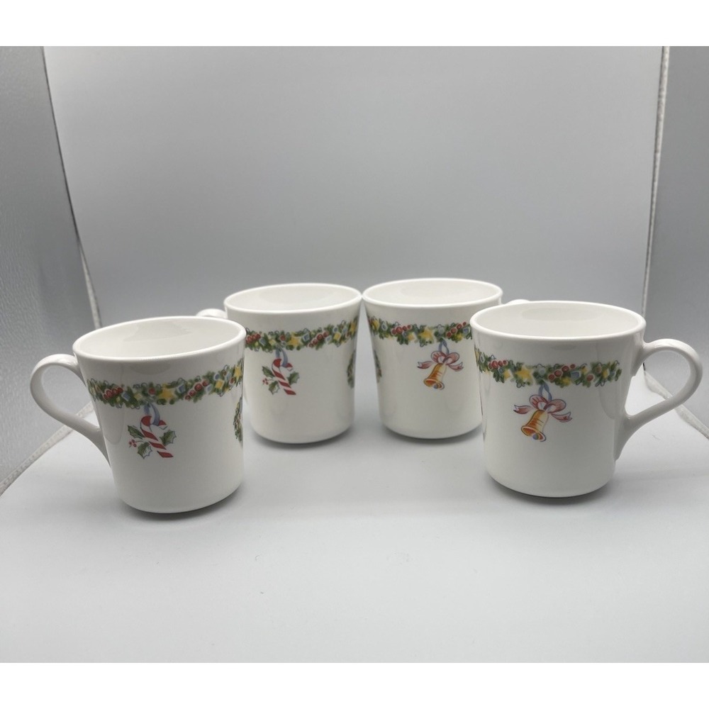 Vintage Corning Corelle Christmas Joy Mugs Set of 4 Holiday Bells Candy Canes